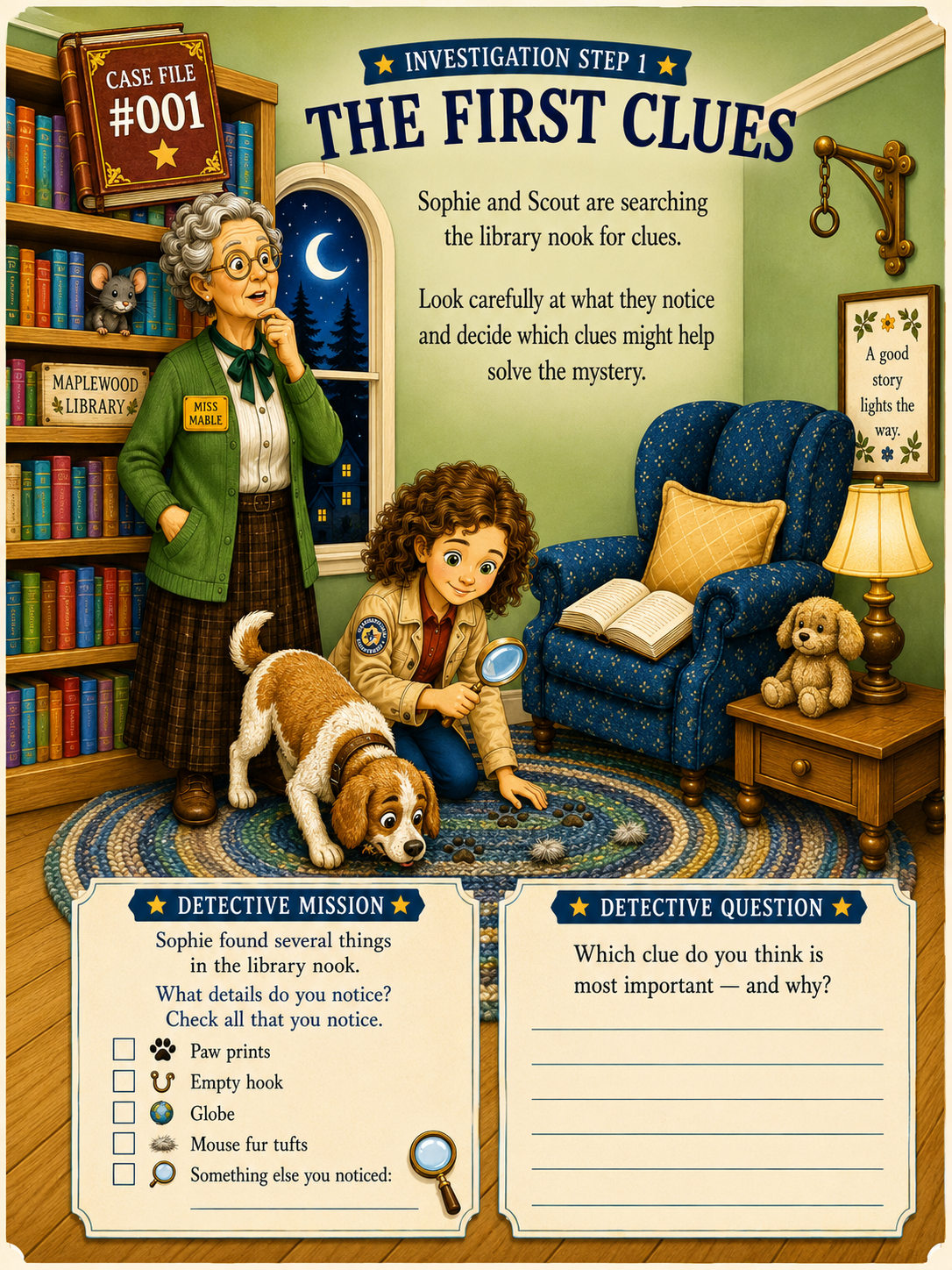 Interior page: The First Clues — Sophie and Scout searching the library nook