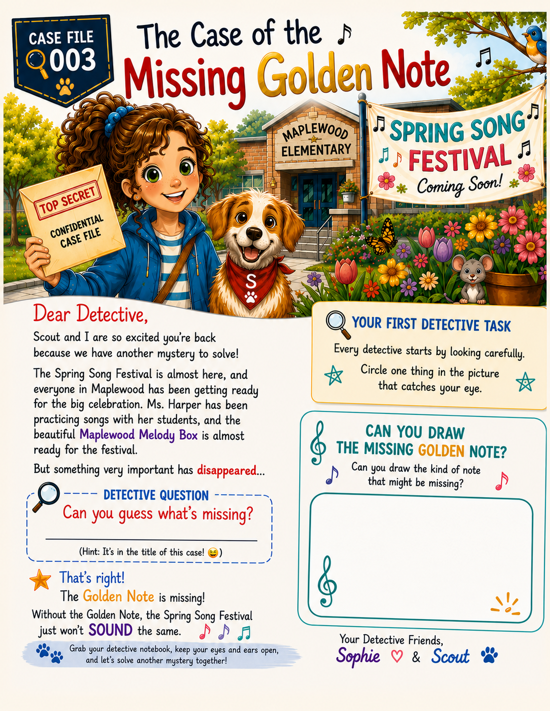 Case File #003 opening page: The Case of the Missing Golden Note with Sophie and Scout