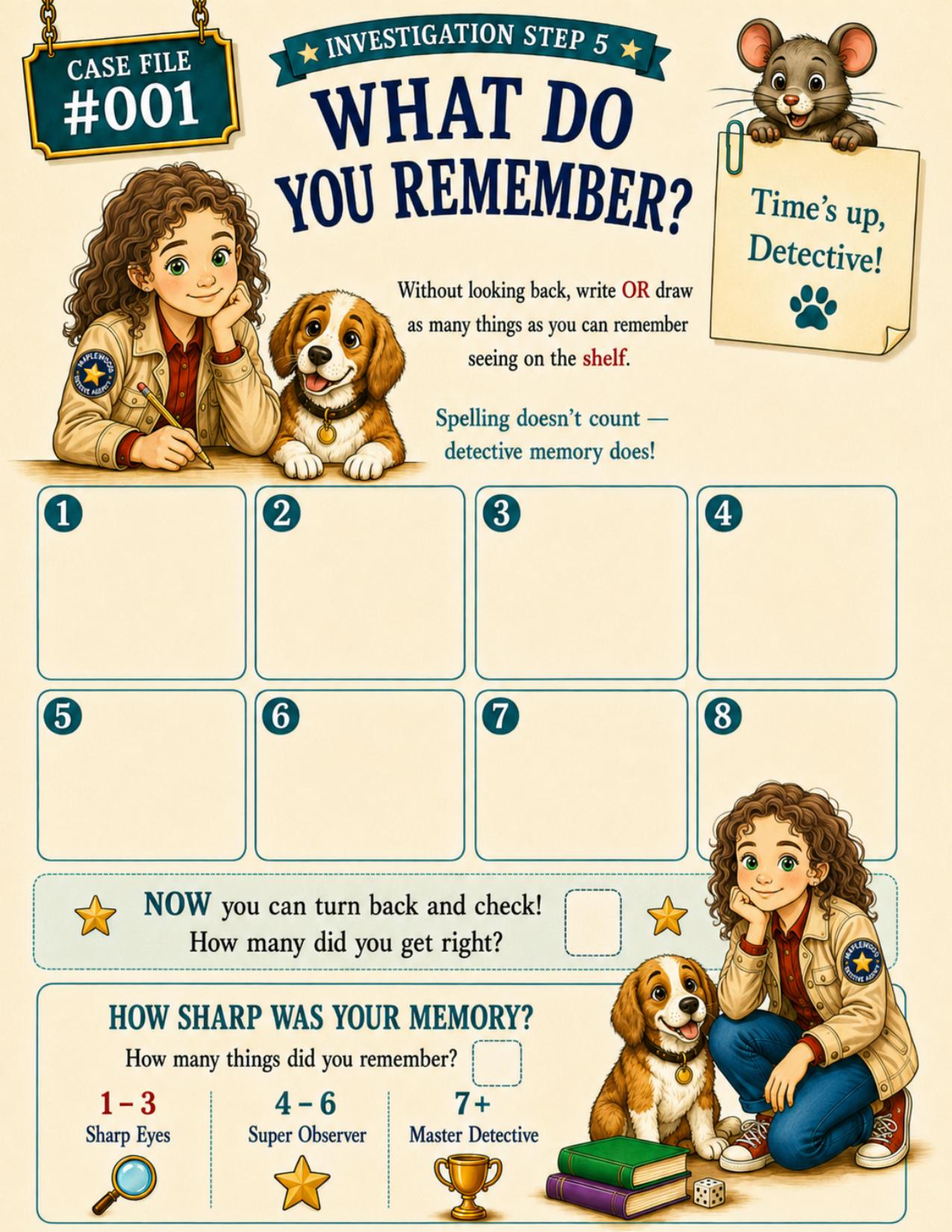 Interior page: a memory challenge asking the detective to recall what was on the shelf