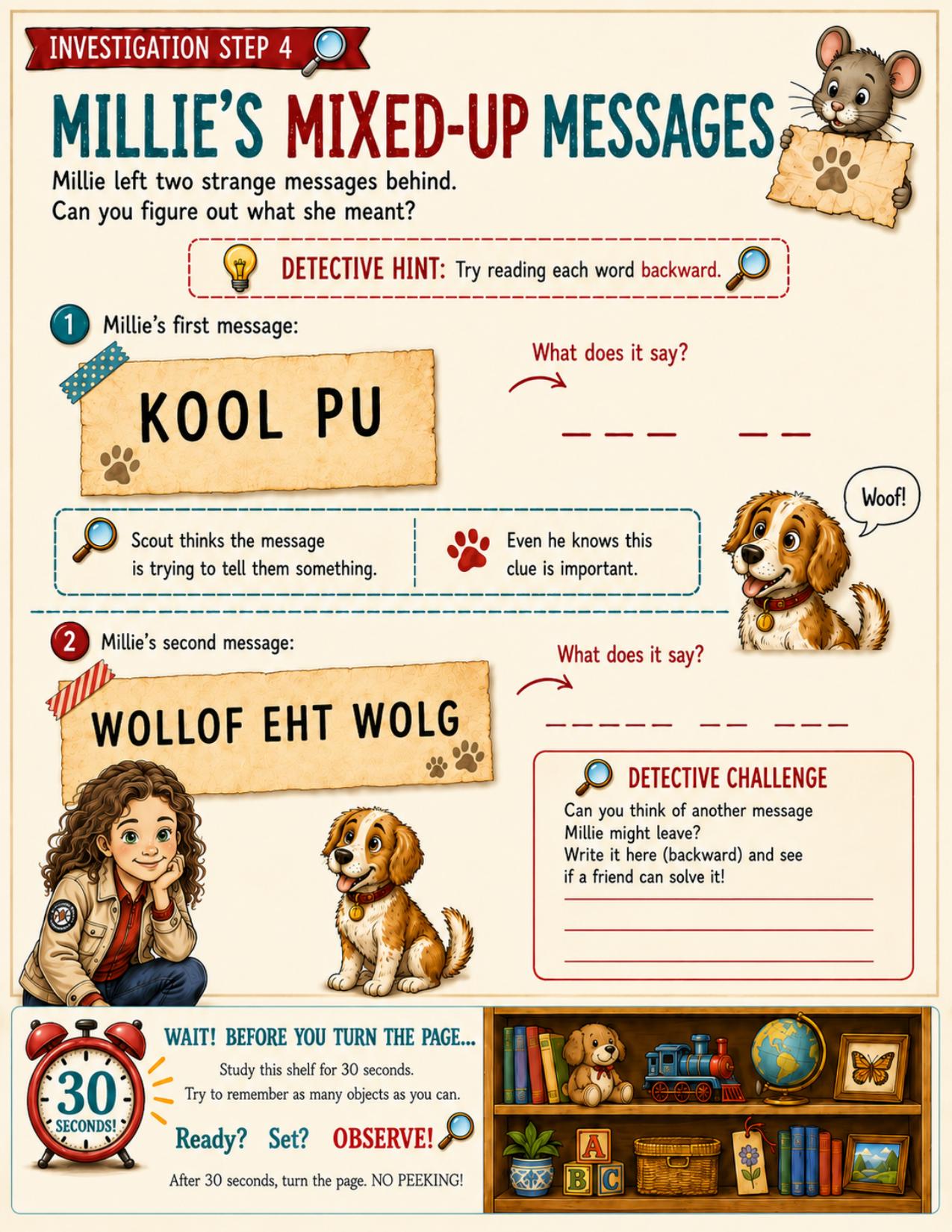 Interior page: Millie's Mixed-Up Messages decoding activity